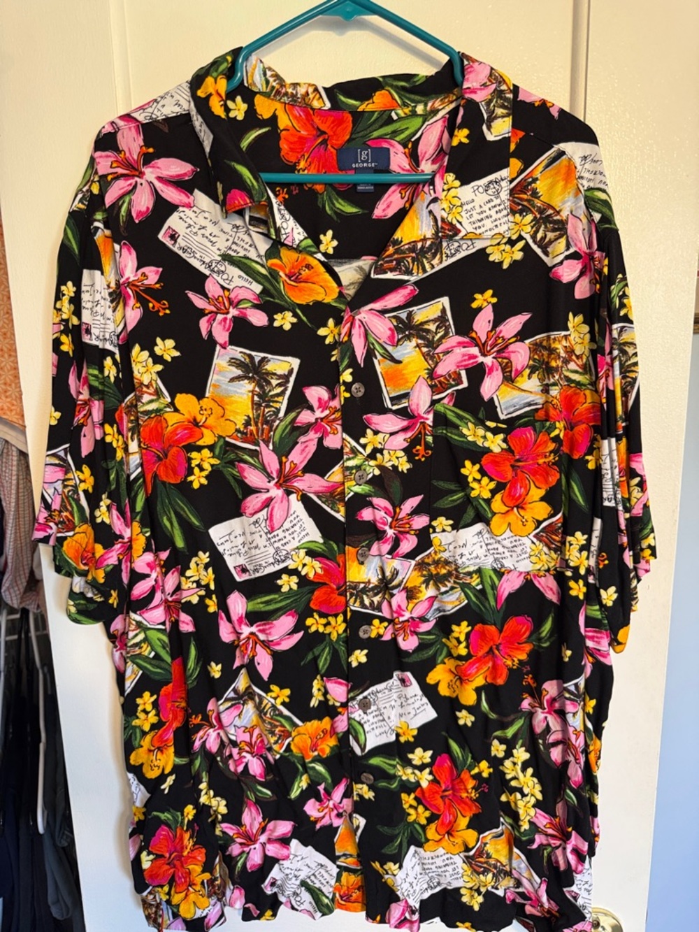 George Black Tropical Floral Button-Down Shirt with Pink & Orange Blooms